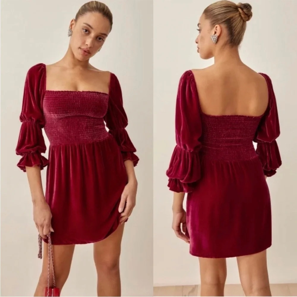 Reformation Albi Velvet Smocked Puff Sleeves Dress in Crimson Red Size S B32